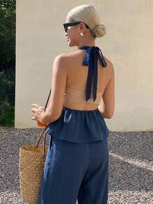 DAZY 女士夏季条纹吊带上衣和裤子休闲两件套 - 藏蓝色 - 查看 4