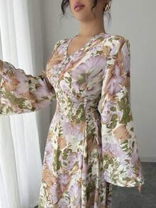 Al Najma 女士印花3D花朵拼接长袖阿拉伯风格连衣裙 - 彩色 - 查看 4
