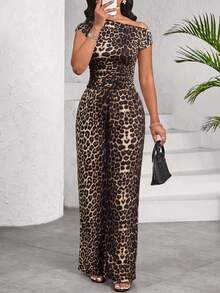SHEIN Lady Bộ đồ thời trang 2 món dành cho nữ, gồm áo hai dây nhún vai họa tiết da báo và quần ống rộng. - Nhiều màu - Xem 1