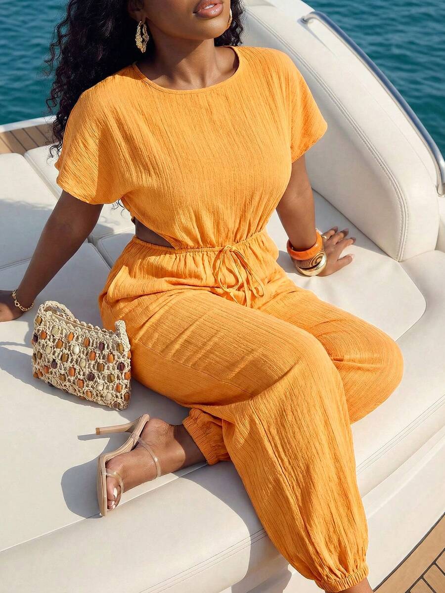 Slaydiva 春夏优雅通勤休闲装，生日派对、毕业典礼、学生装、日常外出、百搭单品、休闲度假、邮轮旅行、海滩、日光浴、商务休闲、简约休闲度假外出女式时尚绿色角色扮演连体裤，短灯笼袖和哈伦裤设计 - 橙色