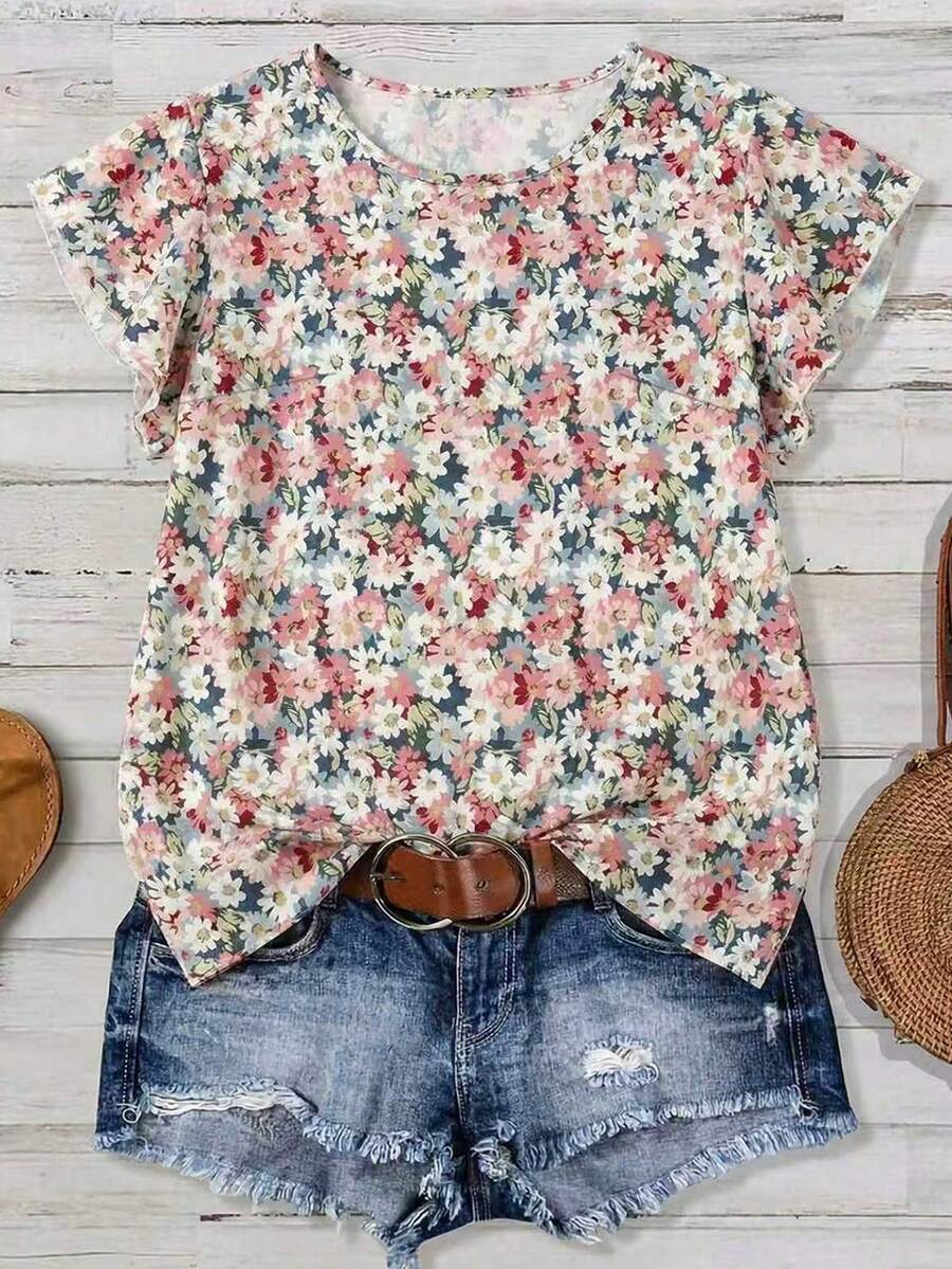 EMERY ROSE Plus Size Vintage Floral Casual Vacation Leisure Blouse Shirt, Suitable For Spring Outings, Party Wear - Pink - View 1