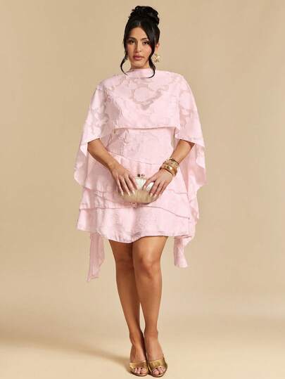 SHEIN BAE Plus Size Women's Cutout Chiffon Asymmetrical Layered Ruffle Adjustable Strap Backless Shawl Collar Dress