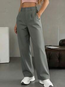 Pantalones Formales de Mujer en Verde Grisáceo Diseño Minimalista, Perfecto para Primavera y Verano - Verde - Ver 3