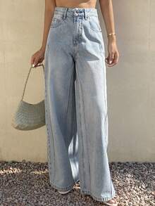 Livesso Women's Summer Vacation Distressed Wide Leg Jeans - Blue - View 3