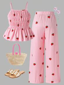 SHEIN Sparklyn Girls Striped Bow Camisole Top And Straight Leg Pants Summer Vacation Outfit - Pink - View 2