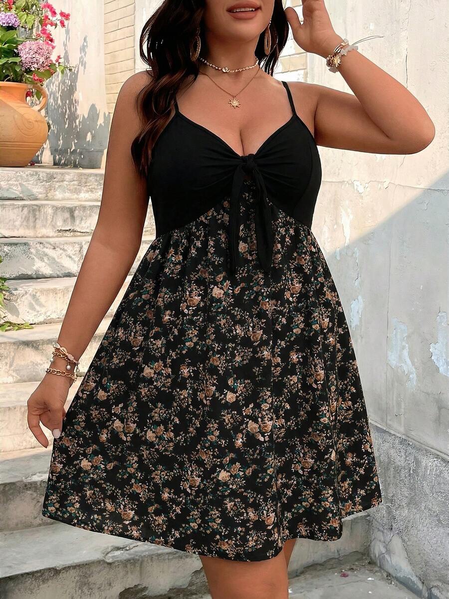 SHEIN VCAY 大码女式休闲碎花系带前腰拼接吊带沙滩裙 - 彩色 - 查看 1