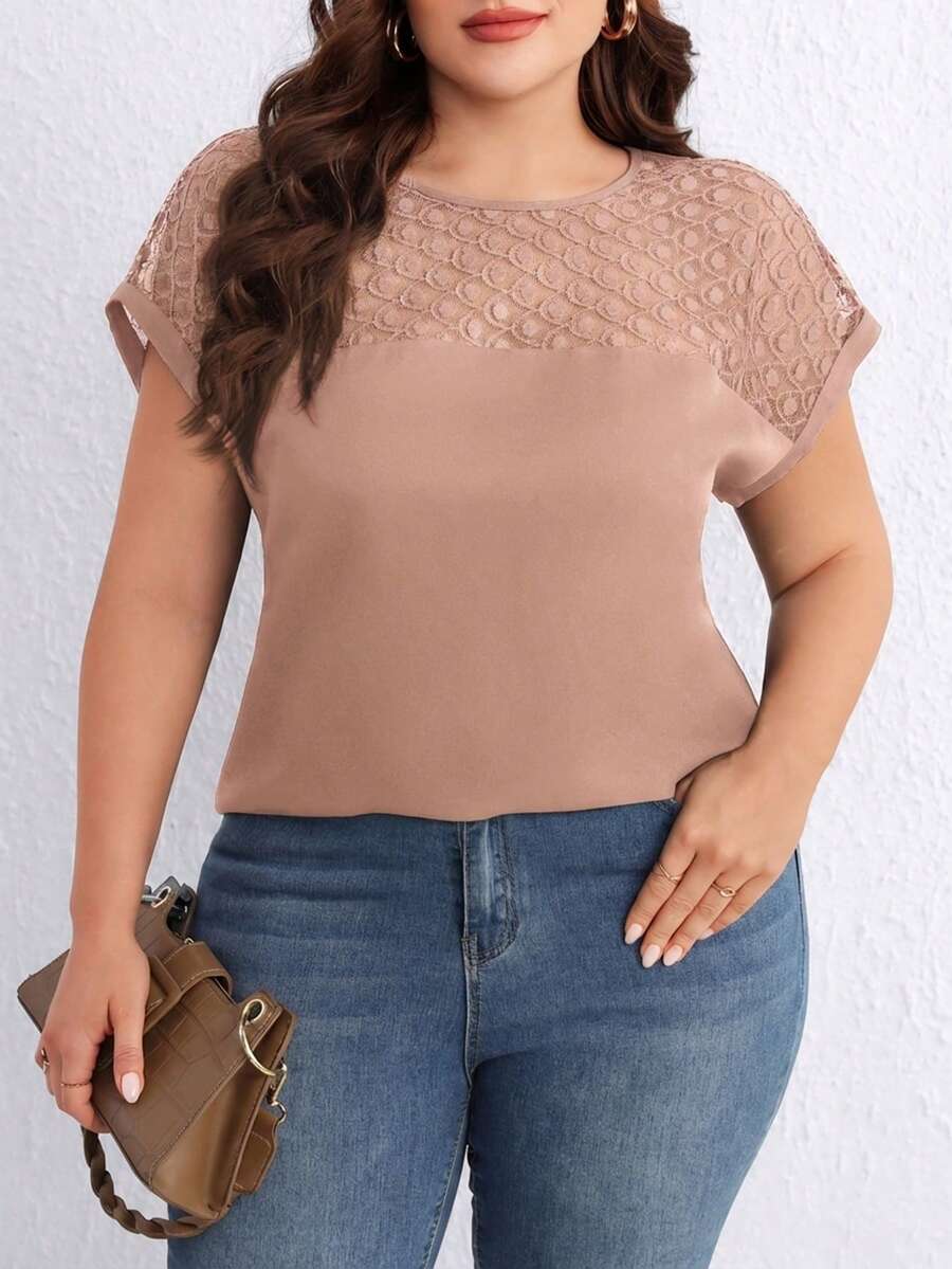 SHEIN Clasi Plus Size Solid Color Lace Patchwork Round Neck Casual Short Sleeve Shirt - Dusty Pink - View 1