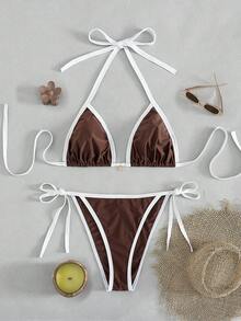 SHEIN Swim Curve 2026 New Brown Fabric Plus Size 2 Pieces Bikini Set With White Trim, Halter Neck & Tie Back Design, Suitable For Beach Vacation - Multicolor - View 1