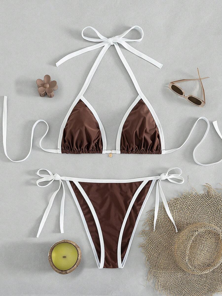 SHEIN Swim Curve 2026 New Brown Fabric Plus Size 2 Pieces Bikini Set With White Trim, Halter Neck & Tie Back Design, Suitable For Beach Vacation - Multicolor - View 1