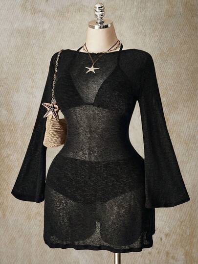SHEIN ICON فستان شفاف طويل الأكمام مع ربطة أمامية لحجم كبير للنساء، مناسب للعطلات الشاطئية