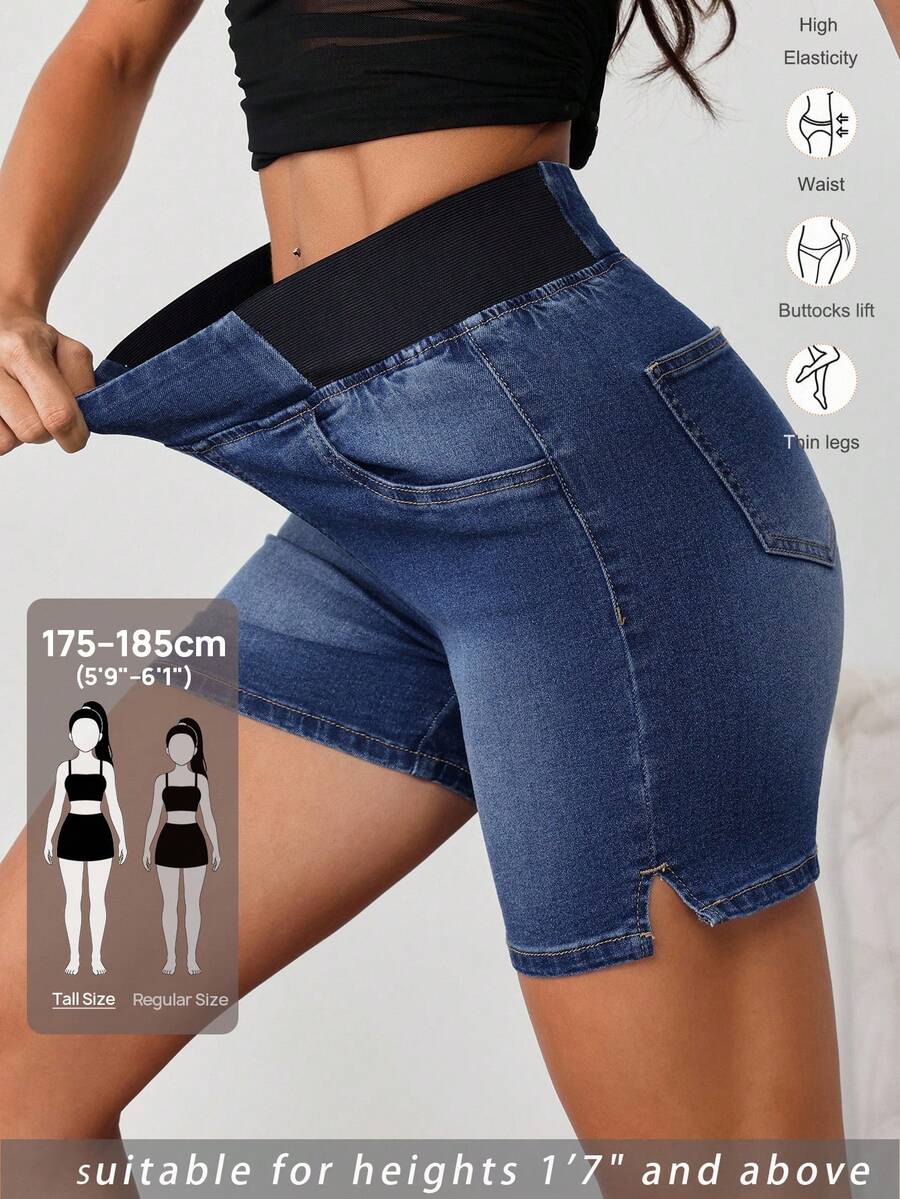 SHEIN Tall 女士牛仔短裤，休闲紧身弹力短裤，蓝色 - 深色水洗藍 - 查看 1