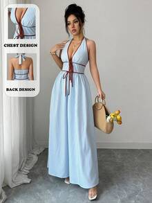 SHEIN Elenzya Đầm cổ yếm kẻ sọc xanh thanh lịch dành cho nữ, đầm đi biển thường ngày, thích hợp cho hẹn hò, dự tiệc, với thiết kế thắt eo phối màu tương phản. - Xanh và trắng - Xem 1