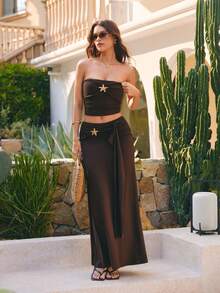 zorvine Women's Spring/Summer 2-Piece Set, Wrap Chest Knit Top With Metal Buckle Decor, Low-Waist Tie-Waist Long Skirt 2-Piece Outfit Golf Pastal Sexy - Rust Brown - View 4