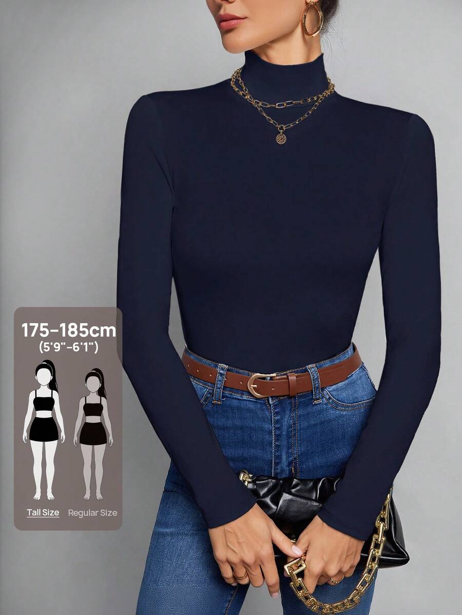 SHEIN Tall Blusa blanca de cuello alto y silueta delgada, adecuada para otoño e invierno - Azul Marino - Ver 1