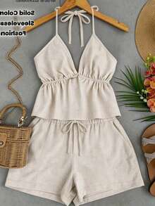 Franclia 2 pièces Ensemble de débardeur et short en lin d'été pour femmes - Nude - Voir 1