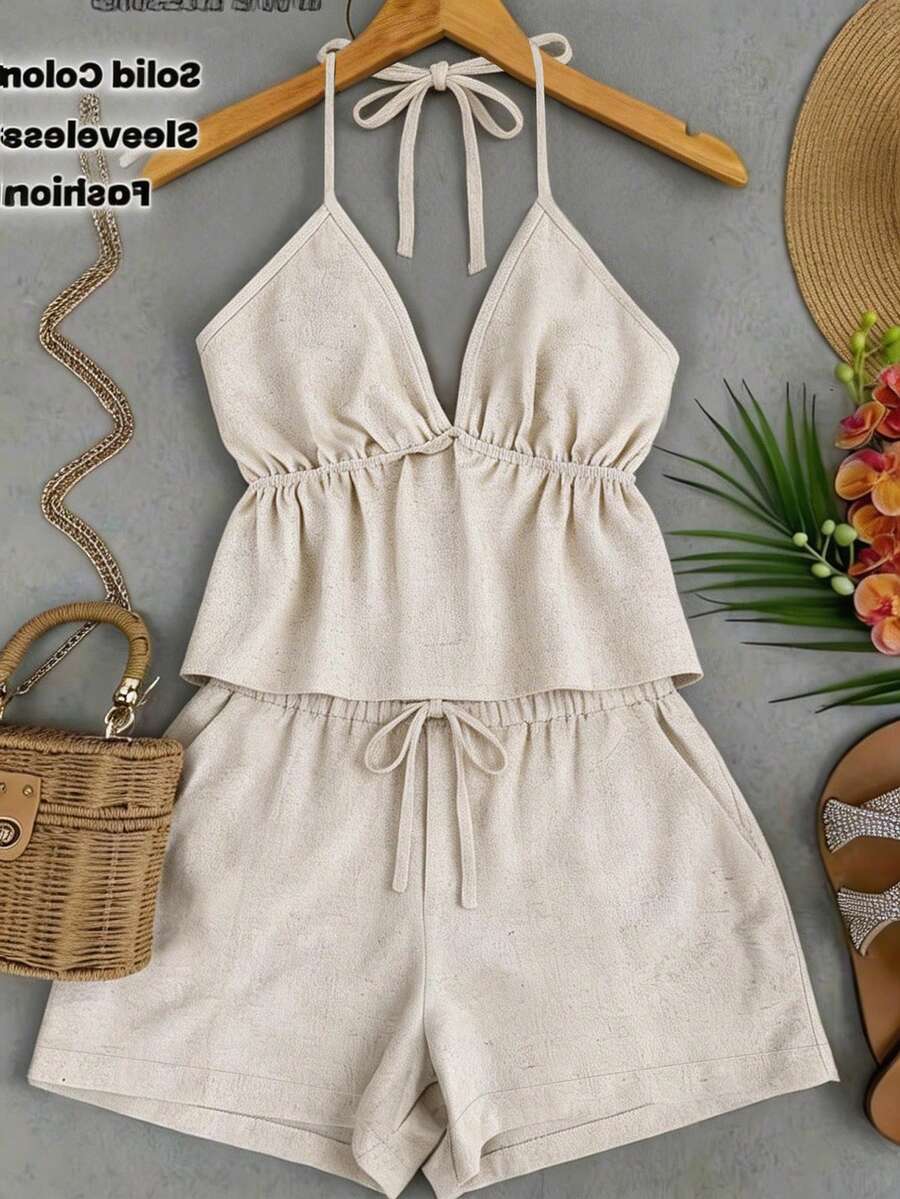 Franclia 2 pièces Ensemble de débardeur et short en lin d'été pour femmes - Nude - Voir 1