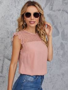 SHEIN Clasi Women's Summer Casual Mesh Patchwork Round Neck Ruffle Hem Blouse,Pink Top - Pink - View 4