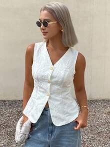 DAZY Solid Color Textured Jacquard Fitted Sleeveless V-Neck Thin Summer Vest Jacket For Women Swimming White Basic School - White - View 8