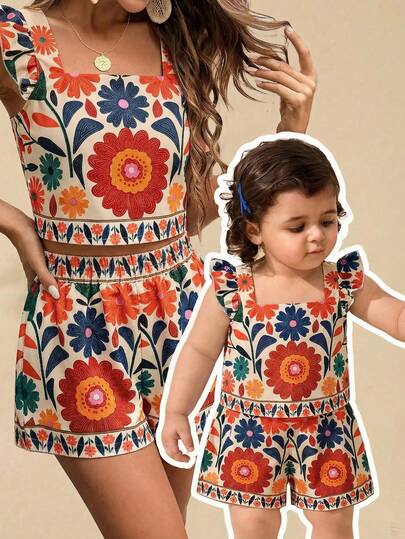 Travachic KIDS Baby Girl & Mom Ditsy Floral Square Neck Ruffle Trim Casual Vest And Shorts 2-Piece Set, Suitable For Vacation, Outing, Travel