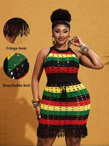 Maweii Women's Y2K Aesthetic Beach Bohemian Casual Colorful Striped Tassel Dress,Green Yellow Black Red Gorgeous Sexy Fashionable Simple Unique Design Skirt Fringe ,Party Vacation Beach Round Neck Sleeveless Cutout Ser, Hem Patchwork Drawstring Cinched Waist Slimming Short Plus Size Knitted Dress, Spring Summer Summer Outfits For Women Jamaica Bkack Dresses For Women - Multicolor - View 1