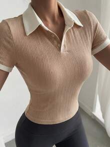 Joudiya Ladies' Color Block Trim Polo Neck T-Shirt Summer,Crop Tops Women - Khaki - View 10