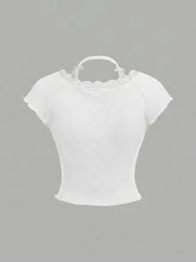 SHEIN Girlism 少女休闲蕾丝边V领蝴蝶结装饰修身弹力罗纹短袖纯色T恤上衣，白色 - 白色 - 查看 2