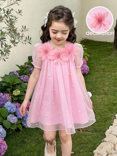 Elladie kids Young Girl Blue Puff Sleeve Blue Mesh Dress With Bow Tie And Beaded Decor, Gentle And Elegant Children Summer Party Dress, Vacation Mini Dress