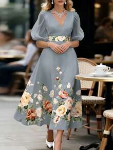 EMERY ROSE Women's V-Neck Floral Print Tie-Front Puff Sleeve Dress - Grey - View 5