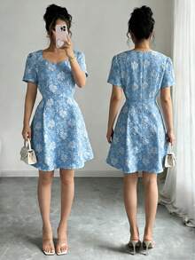 Rafferiza 压花提花中长连衣裙，优雅舒适的通勤连衣裙，适合女性，也适合约会和度假穿着。 - 藍色 - 查看 3