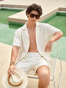 ZELFYO Men's Solid Color Shirt And Shorts Beach Outfit - Beige - View 8