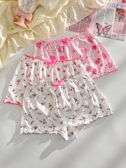 PetitDoll Bộ 3 quần lót nữ dễ thương họa tiết hoa, viền ren và nơ thắt eo.