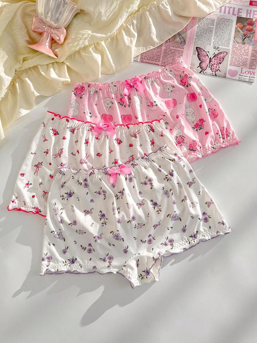 PetitDoll 3pcs Women's Cute Floral Frill Trim Bow Tie Waist Briefs Set - Multicolor - View 1