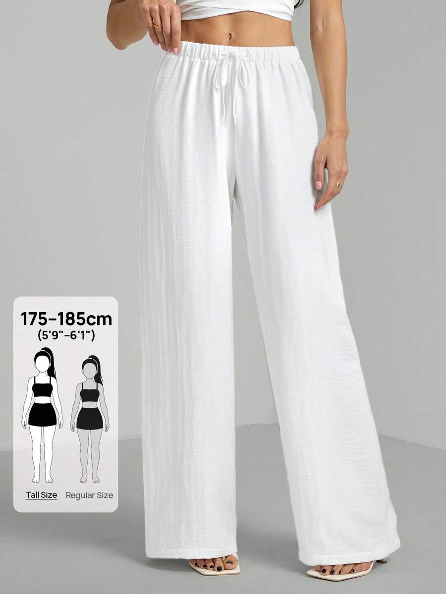 SHEIN Tall Pantalones holgados con cintura de cordón en tela arrugada texturizada - Blanco - Ver 1