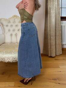 Jeta Ari MOD 女式牛仔中长直筒裙、秋季女式裙子、女式街头服饰、女式牛仔裙、不对称裙子、秋季女装、冬季裙子、商务休闲女装、冬季女装 - 中等水洗藍 - 查看 4