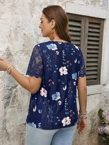 SHEIN LUNE Plus Size Summer Casual Lace Patchwork Floral Print T-Shirt - Navy Blue - View 2