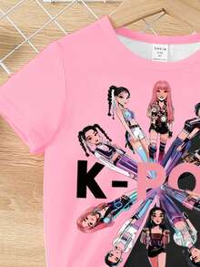 Light Pink,Summer Young Girls' Casual Fashionable Virtual Cartoon Girl Character Graphic Slogan Print Short T-Shirt And Bike Shorts Set,Comfortable - Multicolor - View 6