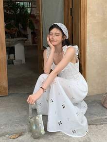 DAZY Women's Casual Ruffle Trim Long Slit Dress, Korean Style - White - View 6