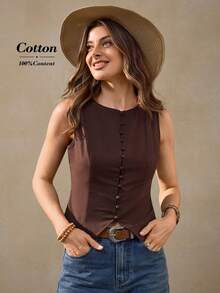 Wildy BOHO Casual Vacation French Retro Coffee Color Cotton Cardigan Cotton Brown Tops Office For Women Western Wear Women Brown Top Brown Tops Business Casual Woman Casual Tops Frenchy Tank Tops Western - Coffee Brown - View 3