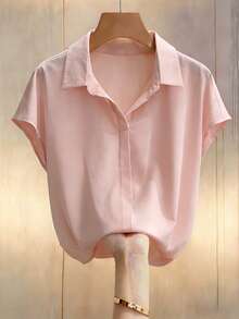 Franclia Blusa de gasa con cuello en V, manga corta y lazo, con estampado de murciélago, color beige, adecuada para primavera/verano - Rosa vieja - Ver 3