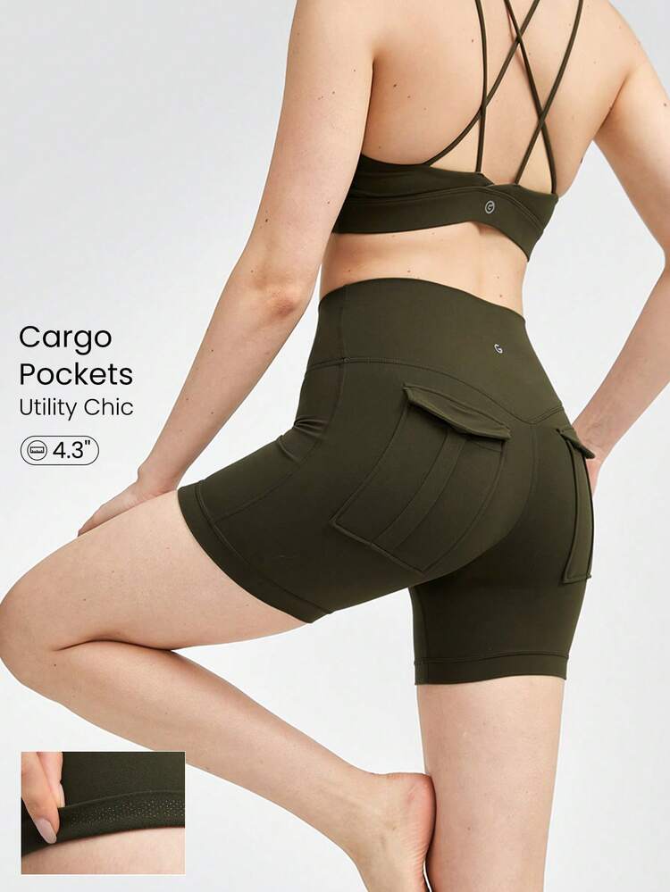 4.3" FeatherFit™ Cargo Biker Shorts Anti-Slip With Back Pockets Low Impact Yoga Pilates Daily