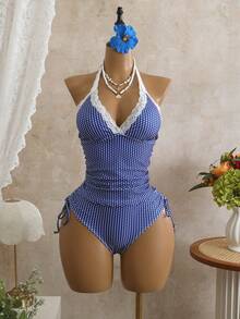 Swim Vcay New Summer European And American Beach Vacation Polka Dot Lace Trim Halter Tankini Swimsuit Set - Blue - View 7