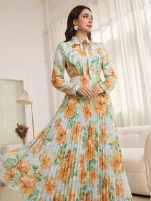Modelyn Ruffled Tie Collar Pleated Patchwork Print Dress - Green - View 3