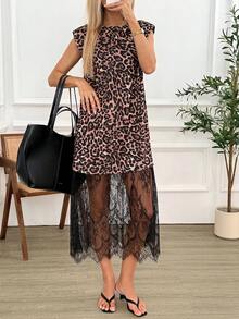 Easowa Robe ample et confortable à empiècement en dentelle imprimé léopard, sans manches. Col rond, épaules larges. Robe décontractée, élégante, pour le travail ou les vacances. Printemps/Été pour femmes - Multicolore - Voir 2