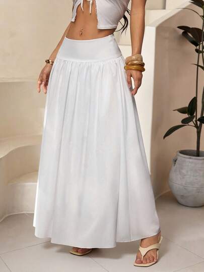 SHEIN PETITE 女士长款纯色弹力高腰半身裙，冬季女装，长裙，秋季连衣裙，外出半身裙，秋季女士连衣裙，返校节，白色半身裙，女士毕业礼服，休闲通勤半身裙