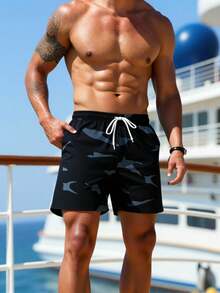 VIVINTIMO Plus Size Men's Camouflage Print Drawstring Waist Beach Shorts Holiday / Vacation / Beach / Hawaii / Tropical / Swim /  Bathing - Black - View 3