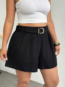 Firerie Plus Size Comfortable Casual Elegant Vacation Versatile All-Match Minimalist Wool Ruched Metal Decor Shorts For Women, Autumn/Winter Black Shorts With Belt Short Outfits For Women Casual Commuter Short For Women - Black - View 3