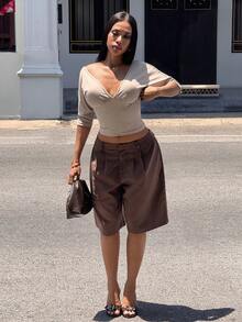 Slaydiva Áo kiểu nữ thanh lịch, giản dị, gợi cảm, cổ chữ V, tay lửng, thích hợp cho mùa hè. - Màu Khaki - Xem 4