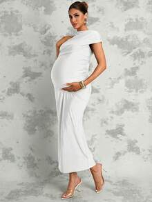 MaterniChic Elegant Solid Color Maternity Dress For Summer - White - View 4