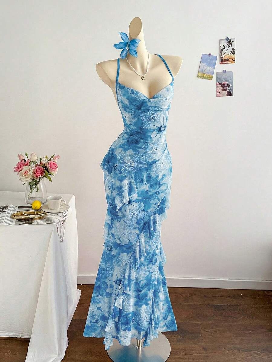 Soleia 女士彩色复古印花垂褶领口层叠荷叶边下摆连衣裙,度假风 - 藍色 - 查看 1