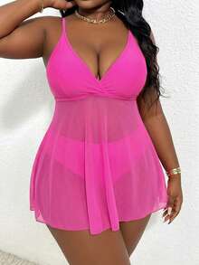 Slaydiva Plus Size Women's 2026 New Summer Beach Vacation Sheer Strap Party Swimsuit Dress - Hot Pink - View 3